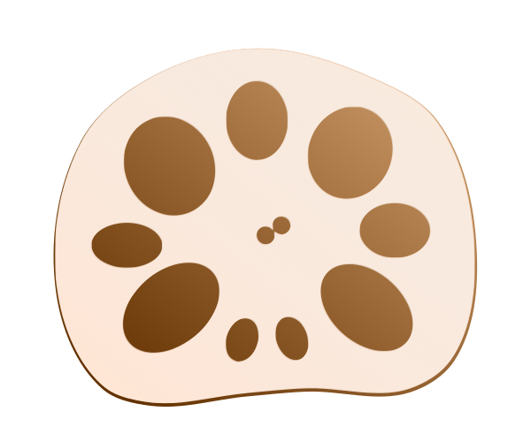 穴が開いた「レンコン」の断面の光沢と陰影のあるイラスト素材(線なし・食材の構造や縁起物の解説用フリー素材)