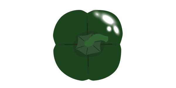 【フリー素材】上から見た緑色のパプリカ（肉厚/彩り野菜/ヘタ付き上面図）のイラスト（線なし・黒縁）(商用利用可・透過PNG)