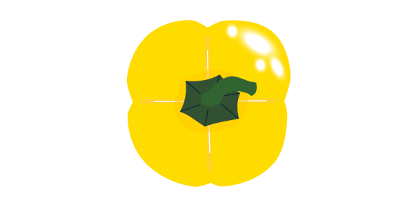 【フリー素材】上から見た黄色いパプリカ（肉厚/彩り野菜/ヘタ付き上面図）のイラスト（線なし・黒縁）(商用利用可・透過PNG)