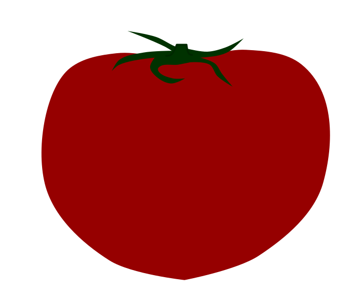 完熟した赤い「大玉トマト」(ヘタ付き)のシンプルなイラスト素材(線なし・光沢陰影なし・サラダや調理の食材図解用フリー素材)