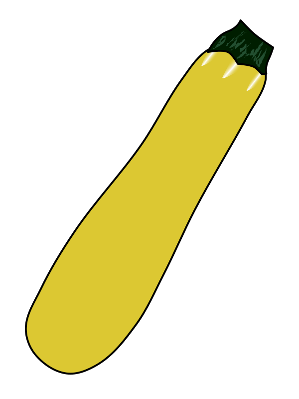 Bright yellow zucchini illustration with a black outline, a transparent PNG suitable for summer vegetable and food education materials.