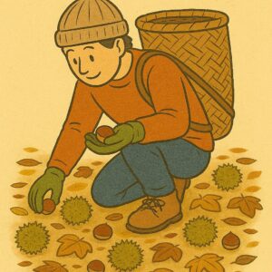 "Chestnuts" x "People" x "Autumn" - An illustration of people picking chestnuts in autumn