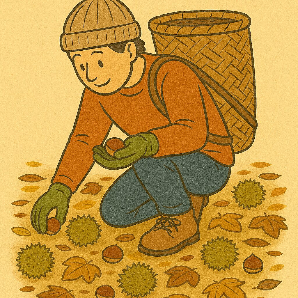 "Chestnuts" x "People" x "Autumn" - An illustration of people picking chestnuts in autumn