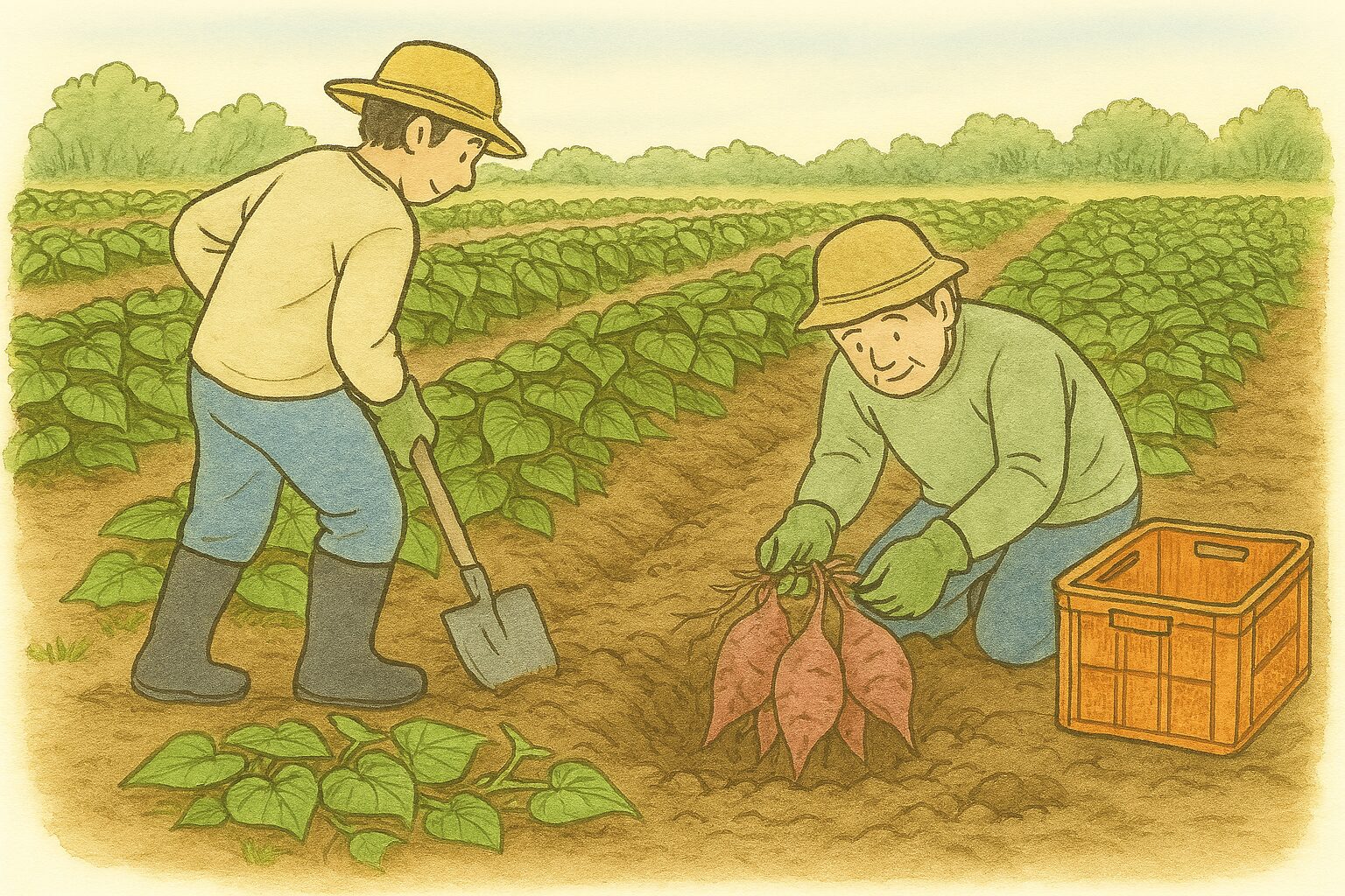 “Sweet Potato” × “Harvest” The process of harvesting and processing sweet potatoes