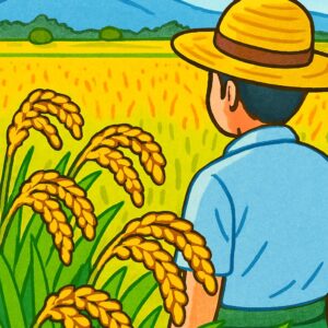 「稲」×「収穫」　稲の収穫をする男