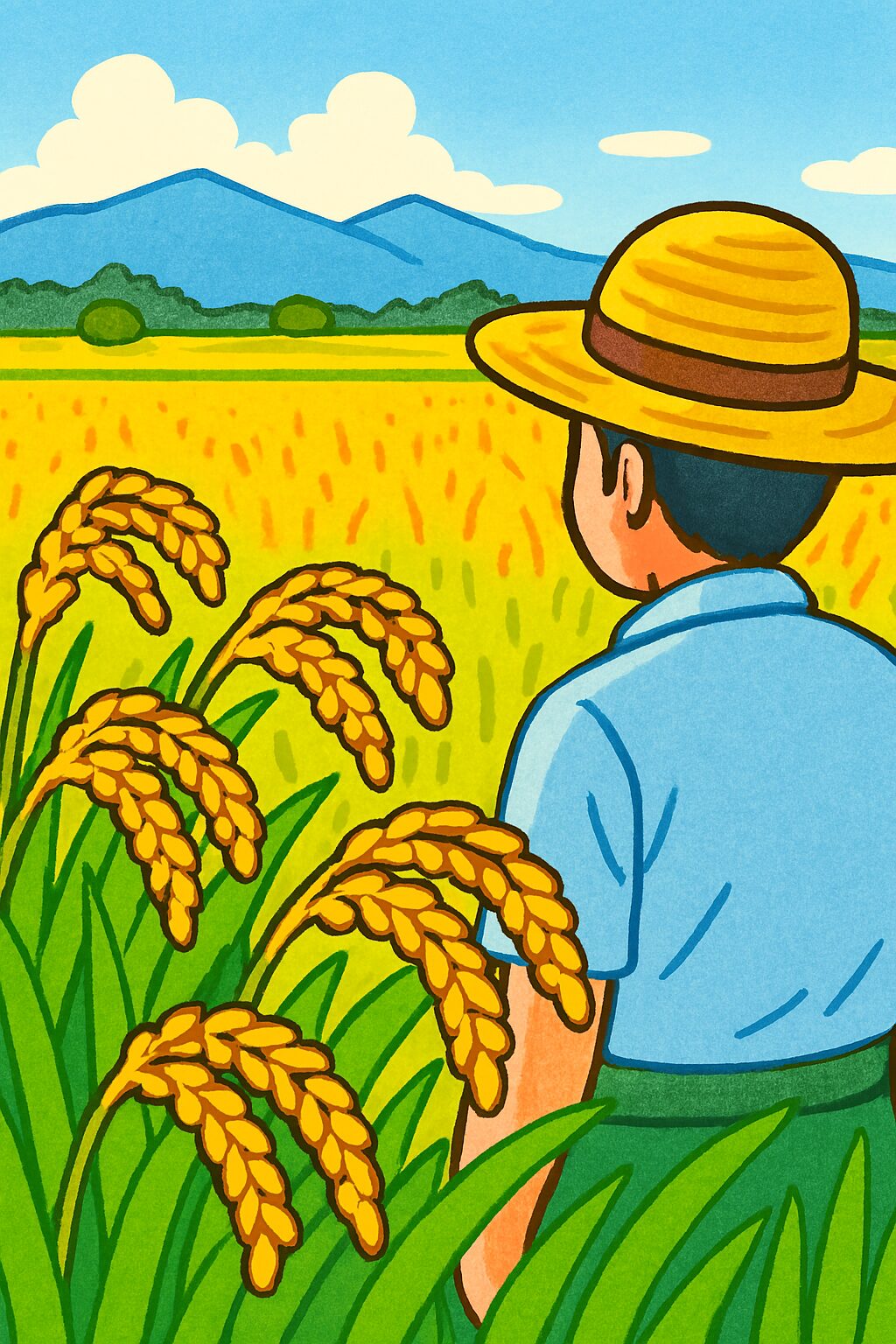 “Rice” × “Harvest” A man harvesting rice